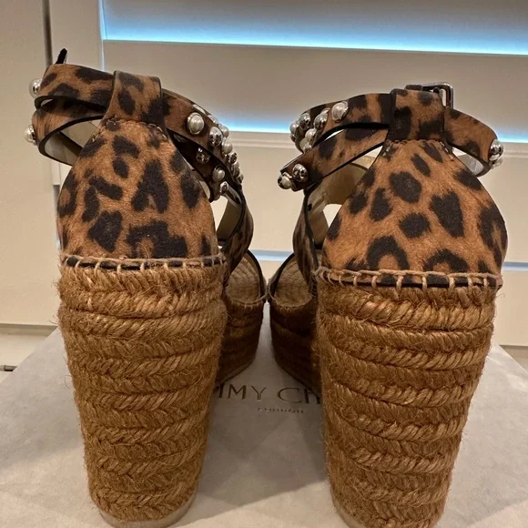 Jimmy Choo DANICA 110 Leopard Print Suede w/ Pearls and Studs Wedges 38